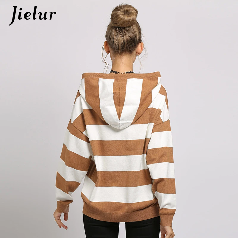 

Jielur Striped Autumn Winter Women Sweater Long Sleeve Pullovers Hit Color Hooded Harajuku Tops 2020 New Sweat 5 Colors