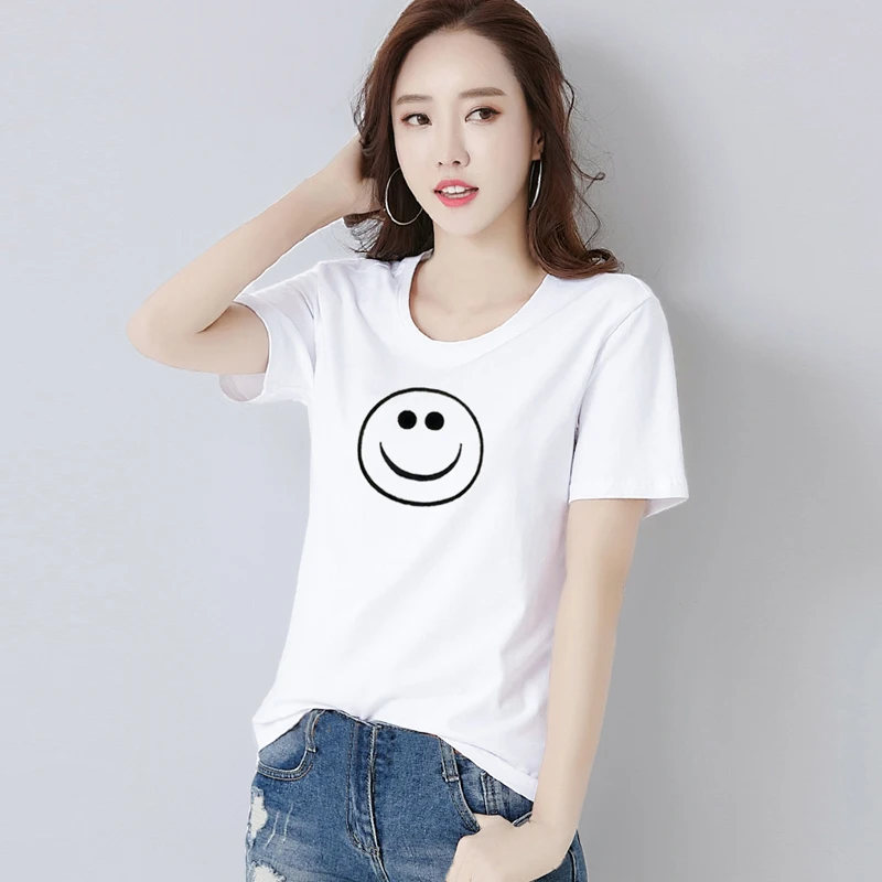 Оптовая продажа лето 2019 модная женская футболка со смайликом свободного размера