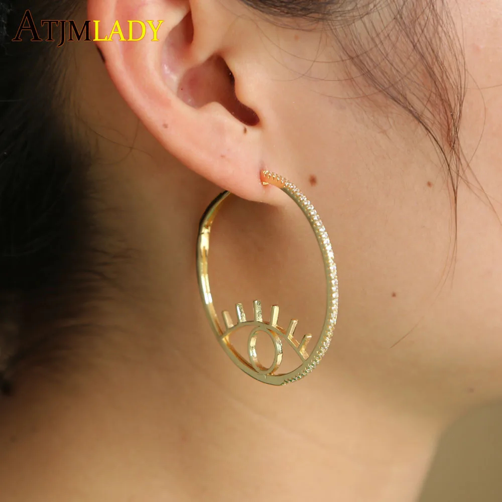 New Gold Color Plated Synthetic CZ Eyes Hoop Earring Turkish Evil Eye Earrings Cubic Zircon Lucky Popular for Women Jewelry | Украшения и