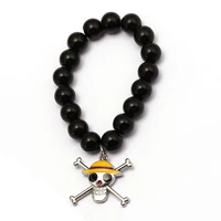 anime one piece bracelet with natural black lava rock stone 10mm beads roronoa zoro logo rope chain strand bracelets hc12433