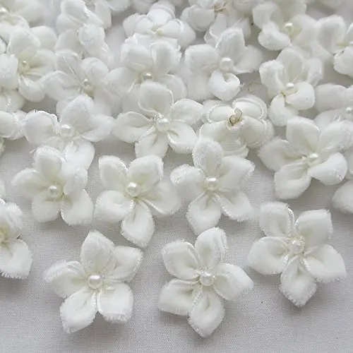 

20pcs 25MM White color U pick Velet Ribbon Flower Bauhinia W/pearl Appliques Wedding