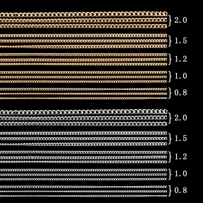 Цепочка для ногтей, золотистая, серебристая, черная, 100-0,8 мм, 50/2,0 см