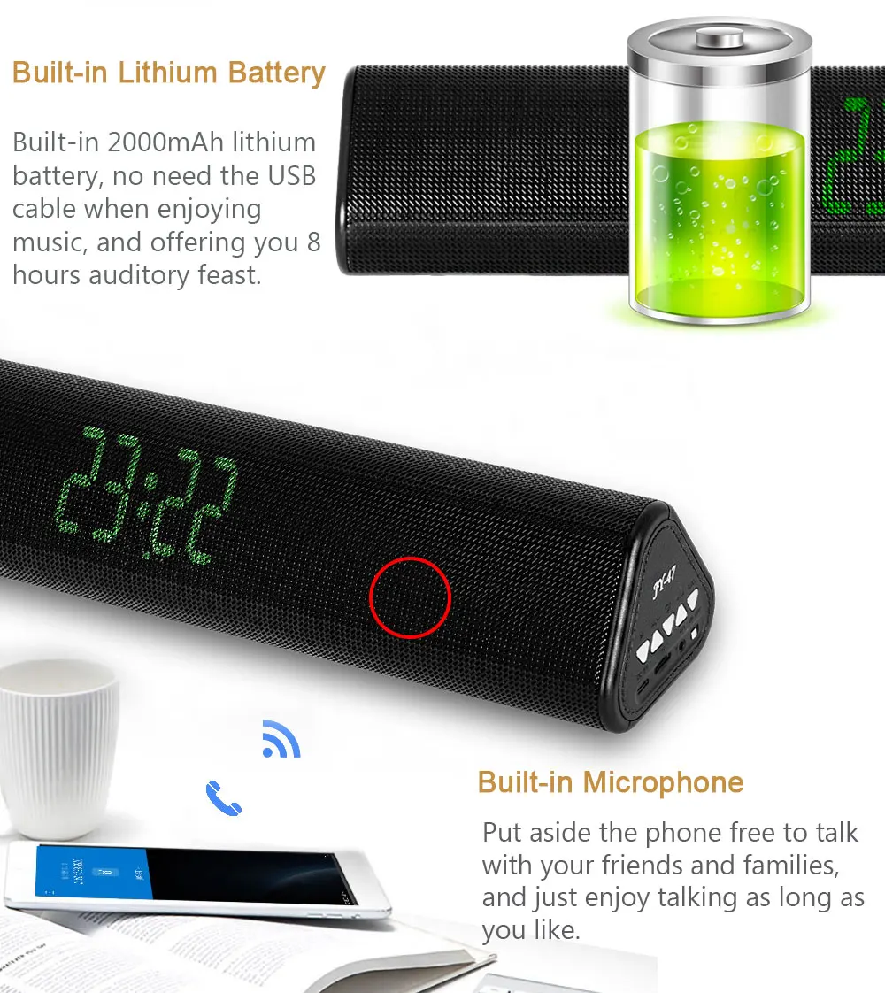 XGODY JY47 Bluetooth Колонка Беспроводная Портативная колонка со светодиодное радио с часами сабвуфер NFC динамик для компьютера телефона ПК ноутбука