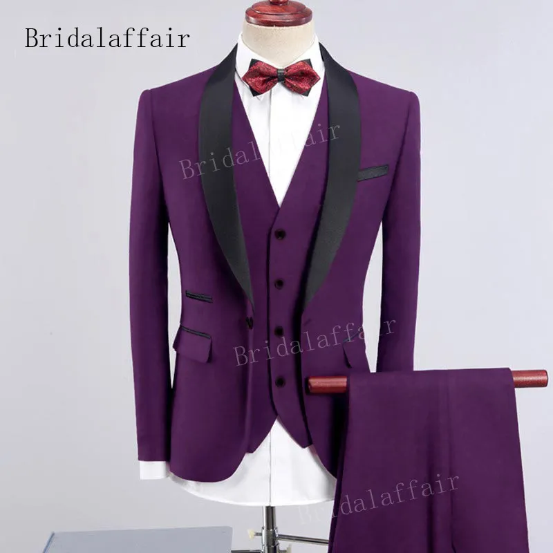 Bridalaffair дизайн мужской розовый смокинг мужской костюм комплект из 3 предметов деловые костюмы для мужчин жениха Свадебные костюмы(Блейзер+ брюки+ жилет - Цвет: Фиолетовый