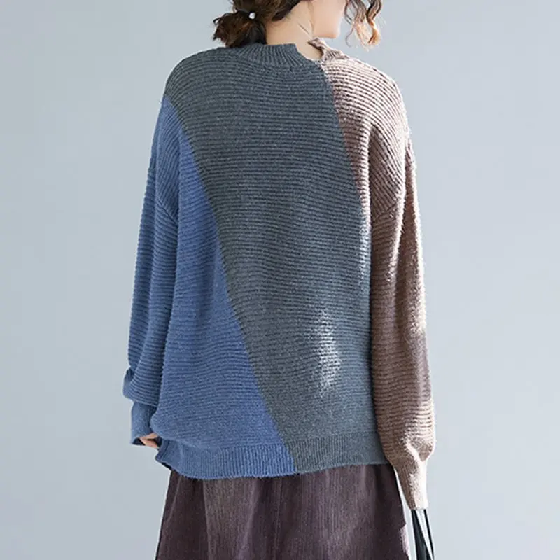 Mferlier Thick Womens Sweaters O Neck Long Sleeve Chic Panelled Patchwork Pullover Loose Casual Ladies Artsy Winter Warm Sweater | Женская
