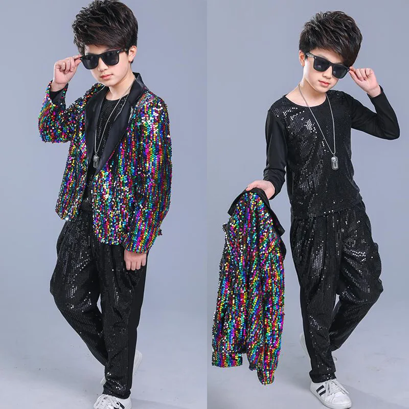 Kids Adult Sequined Pants Jacket Hip Hop Clothing Jazz Dance Costumes Suit Boys Carnival Stage wear Ballroom Dancing Outfits |