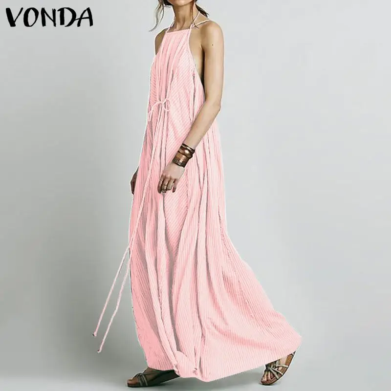 VONDA, 5 цветов, богемное длинное платье макси, винтажное сексуальное летнее платье без рукавов, праздничное платье, сарафан, повседневное пляжное платье, большие размеры