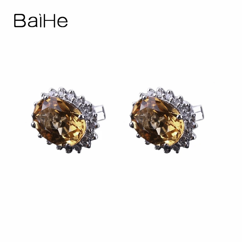 Серьги гвоздики BAIHE из белого золота с натуральным цитрином 14 к 5 х7 мм|stud earrings|citrine