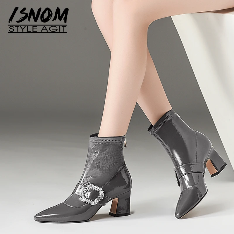 Женские ботинки из лакированной кожи ISNOM зимние с острым носком на высоком