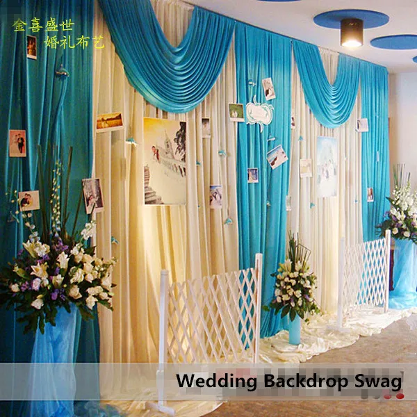 

Wedding Backdrop Decor 3X6M Ice Silk White Wedding Backdrop Curtains With Teal Blue Swag Pleated For Wedding Party Decoration