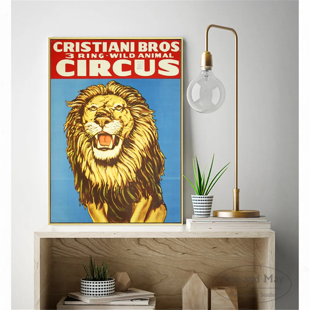 Картина на холсте с цирковым львом в винтажном стиле настенный постер украшение