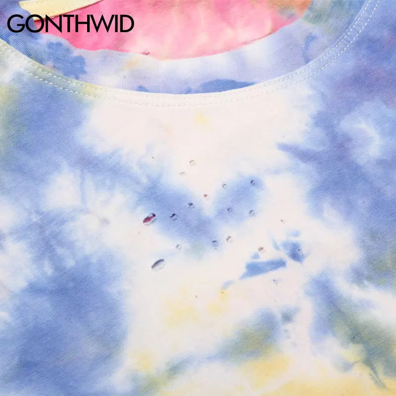 GONTHWID Tie Dye Ripped с дырами рваные Принт футболки уличная хип хоп повседневное Harajuku