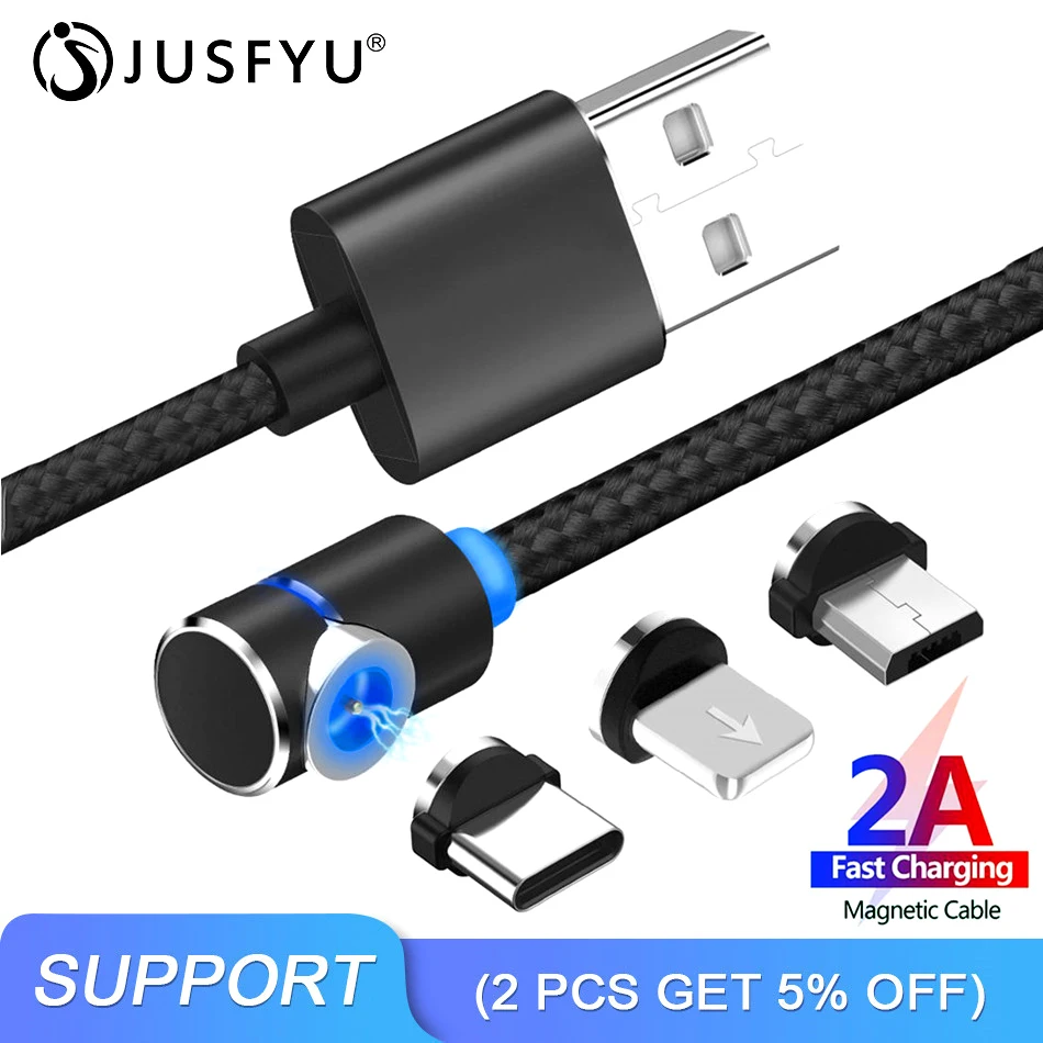 Светодиодный кабель Micro USB на магните для iphone, зарядное устройство, 90 градусов, 2 А, быстрая зарядка, Usb кабель type C для мобильных телефонов Android