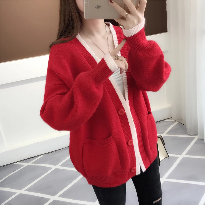 2019 Spring Autumn New Fashion Sweater Women's Cardigan Coats Loose Korean Knit Jacket Female Tops Black Red Outerwear |