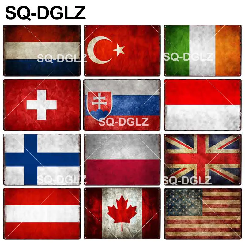 [SQ-DGLZ] металлическая вывеска с флагом Netherland/Turkey/Ireland/Switzerland/levakia/Indonesia/British/Austria/Канада/Америка