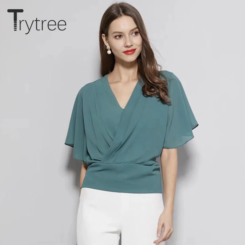Trytree летний топ Женская блузка повседневная однотонная зеленая рубашка Топы