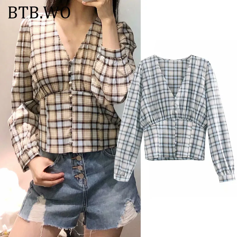 Женские рубашки blusas mujer de moda 2019 с v-образным вырезом клетчатая Повседневная