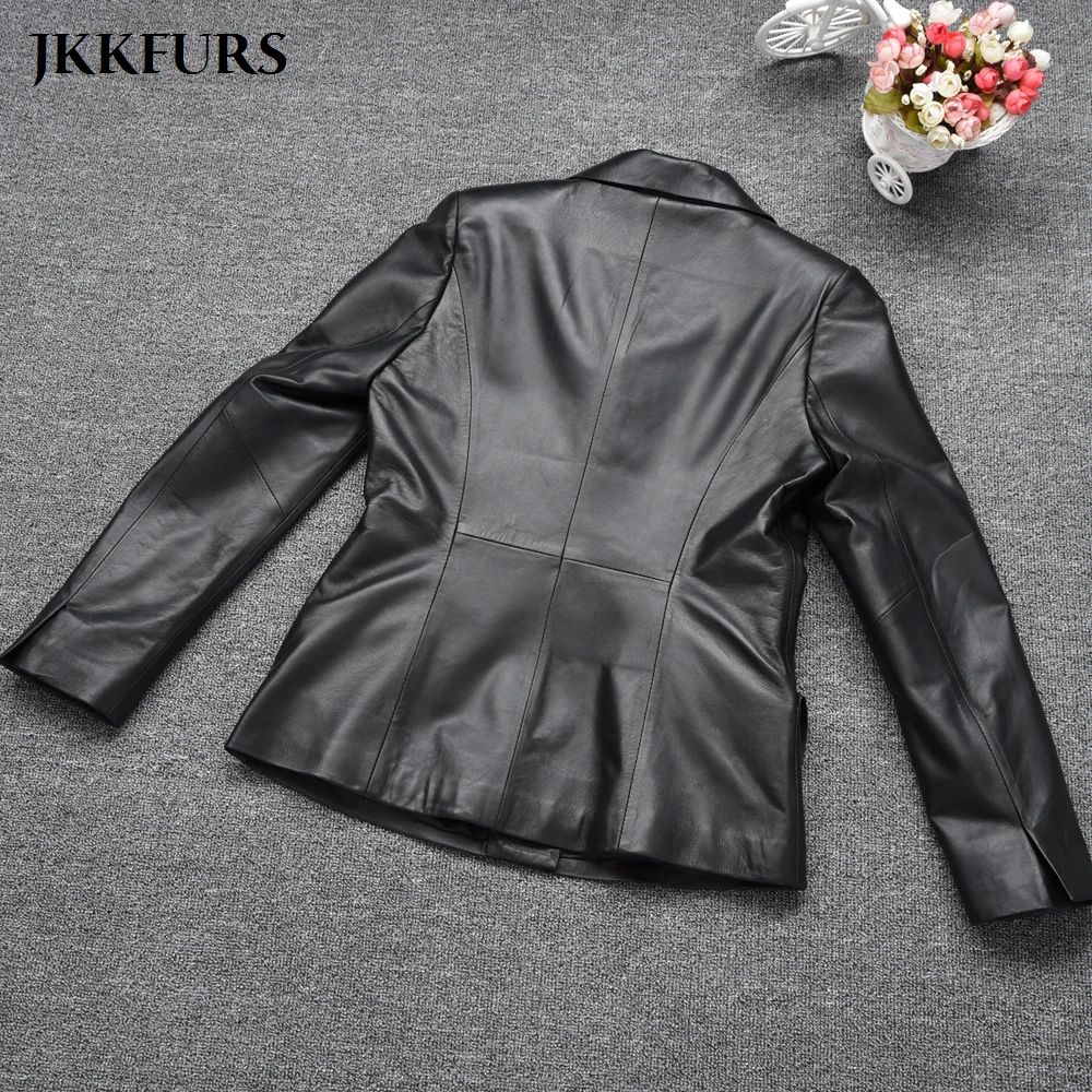 

Women's Genuine Leather Jacket Black Fashion Real Sheepskin Leather Coat S7544