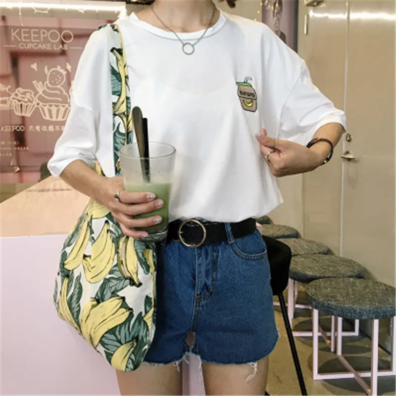Harajuku 2019 NEW Casual Women T-shirts Summer Korean Loose Cartoon Milk Bottle Embroidery Tops Tees Kawaii Female Clothing | Женская