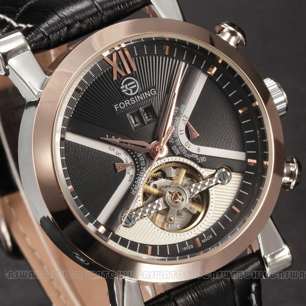 Forsining Tourbillon Мужские часы с автоматической обмоткой кожаный ремешок