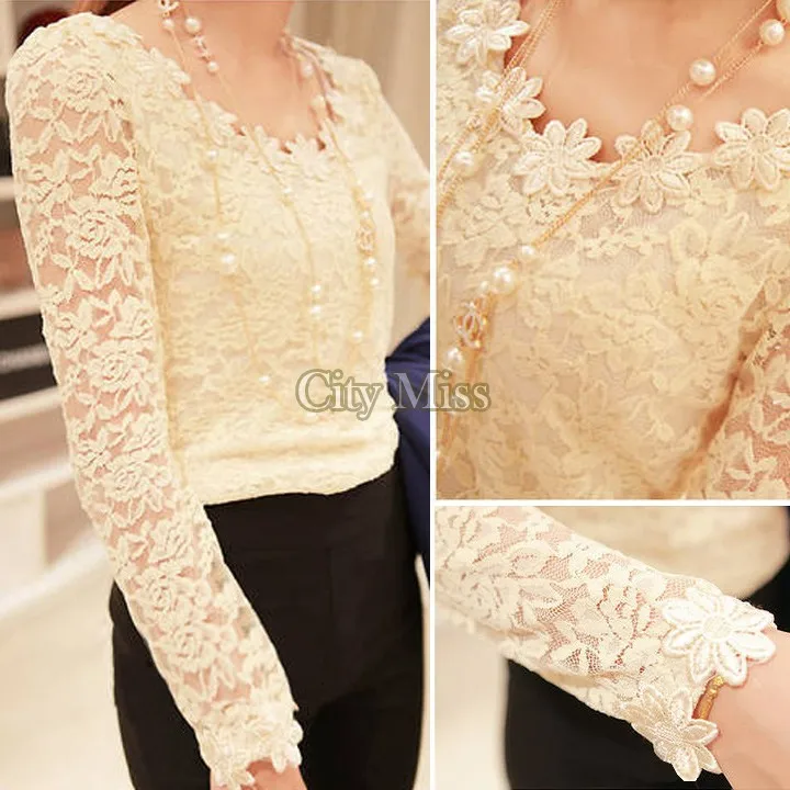 2014 new HOT White/Black/Apricot Women Lace Sleeve Chiffon Blouse Shirt Tops Gorgeous Shirts Long Embroidery B3 SV000718 |