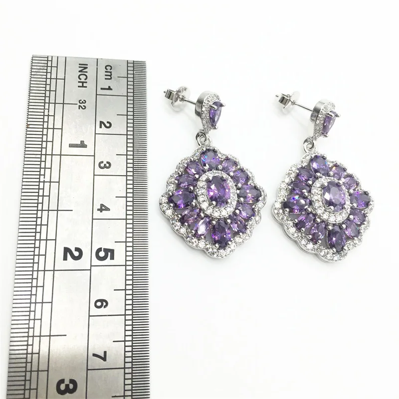 

2017 New Arrival silver Cubic Zircon Long Bridal Wedding Earrings With Purple Zirconia Stones