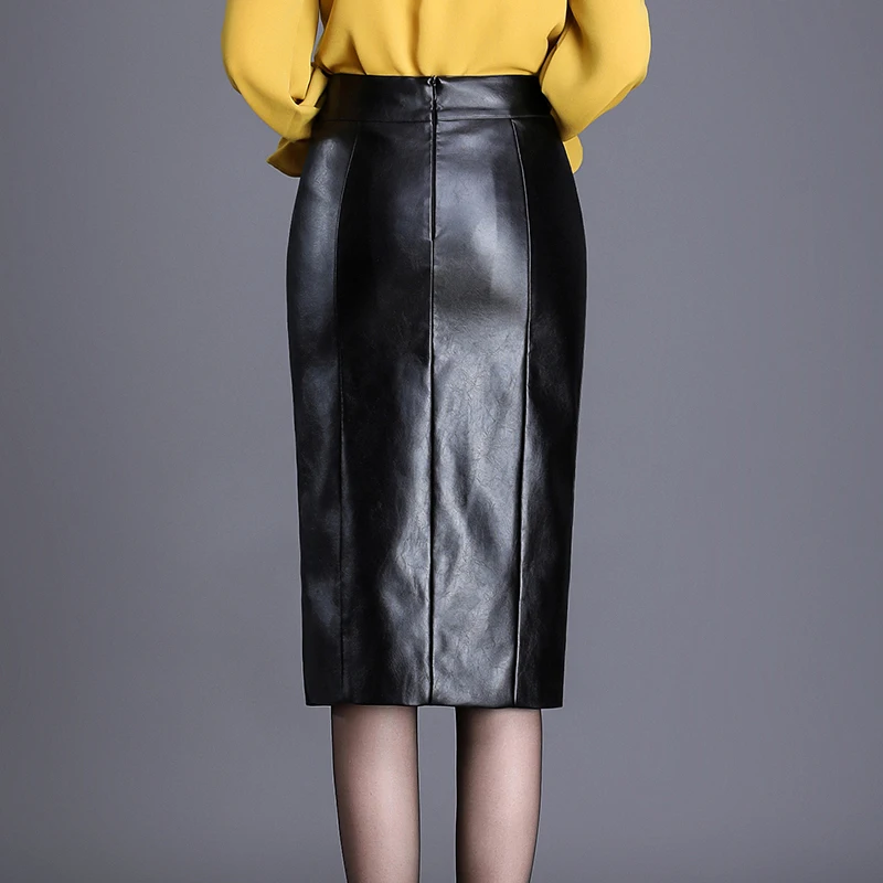 Офисная Женская юбка-карандаш с высокой талией черная из искусственной кожи 4xl |