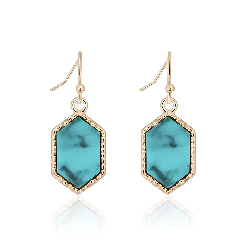 14 цветов, серьги Drusy Druzy, имитация смолы, Кристалл, камень, шестиугольник, болтаются, позолота, серебро, Брендовое ювелирное изделие для женщин - Окраска металла: G green Turquoise