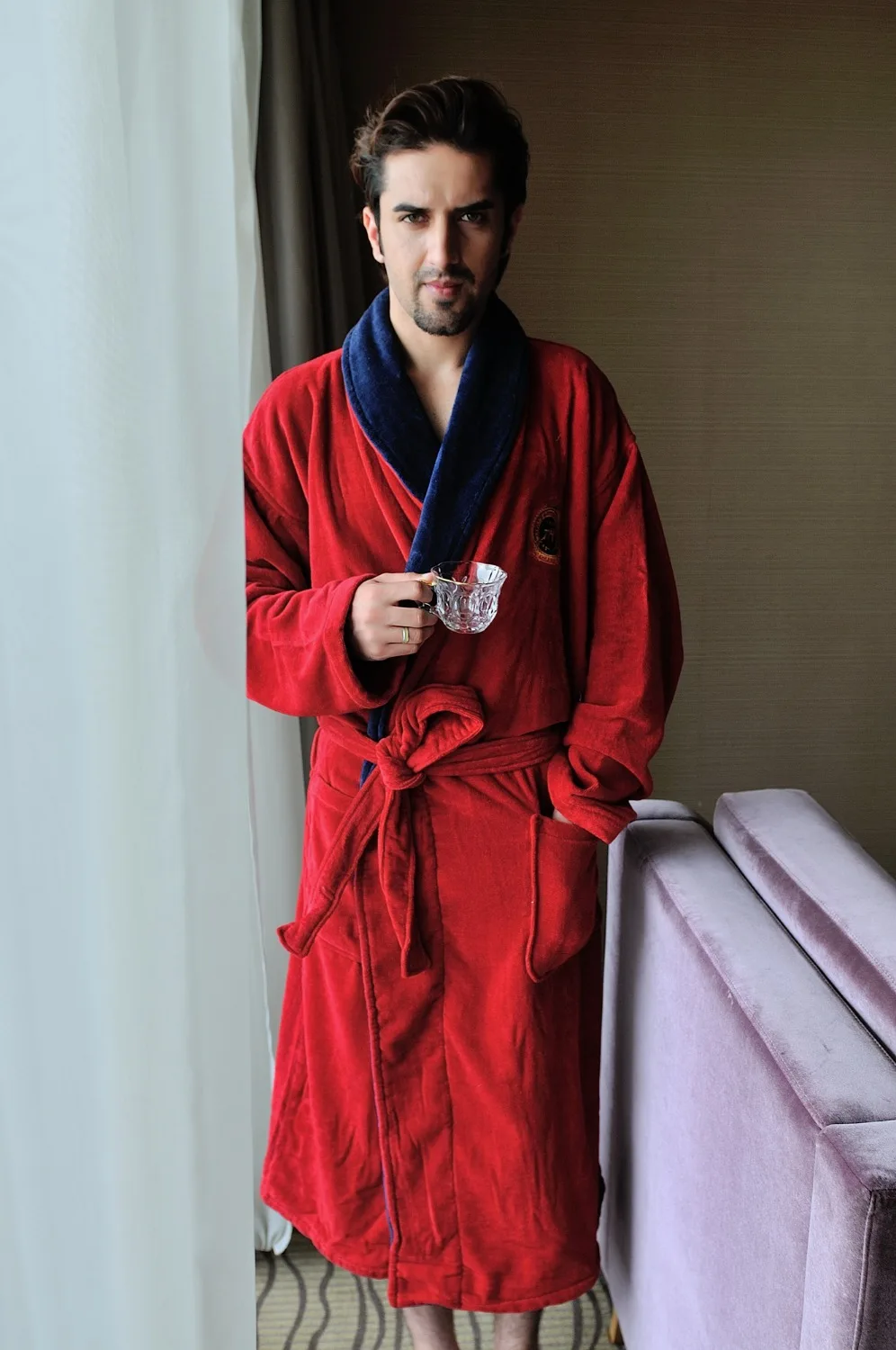 

Extra long cotton fabric shawl collar with embroidery red bathrobe