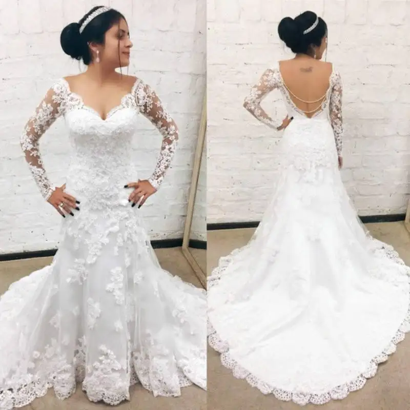 Robe de Mariee Свадебные платья с v образным вырезом и длинными рукавами кружевные