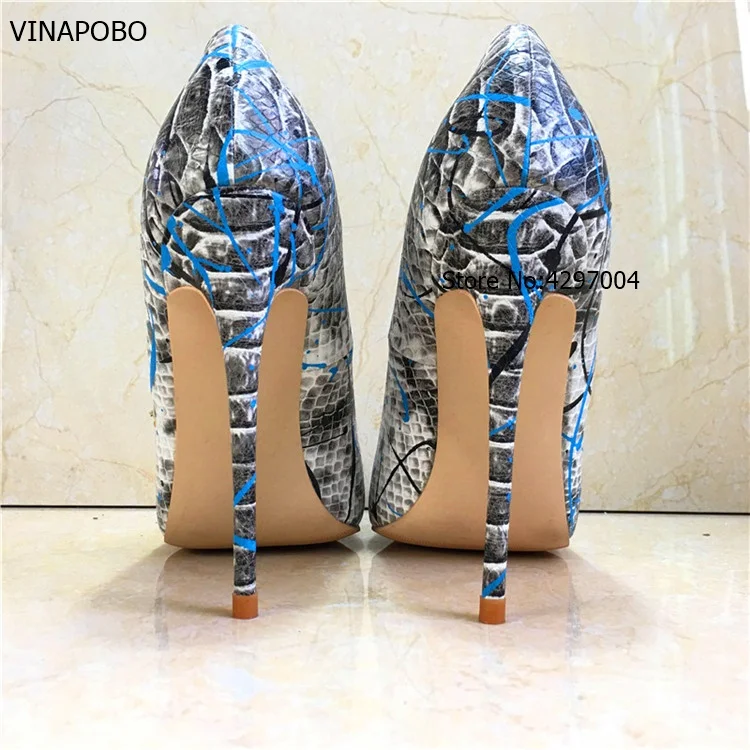 Vinapobo Top Quality python Snake Printing Women High Heels 2018 NEW Fashion Party Wedding Blue Sexy patry Shoes Size 43 | Обувь