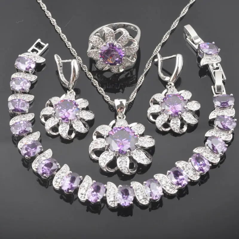 

Свадебные ювелирные наборы серебряного цвета для женщин, свадебные фиолетовые кристаллические серьги, кольца, браслет, ожерелье, Бесплатна...
