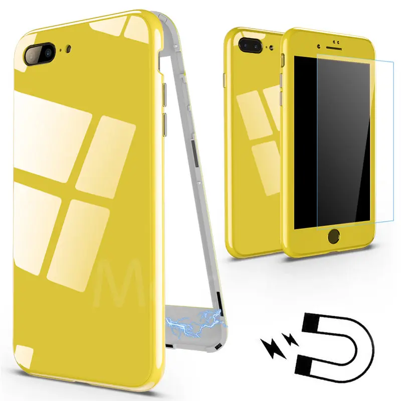 Yellow MaxGear Магнитный адсорбционный чехол на 360 градусов для iPhone X, 8 PLUS, 7, 6, 6S Plus, Магнитный чехол из закаленного стекла для IPhone 7, 8, полное покрытие - Цвет: Yellow