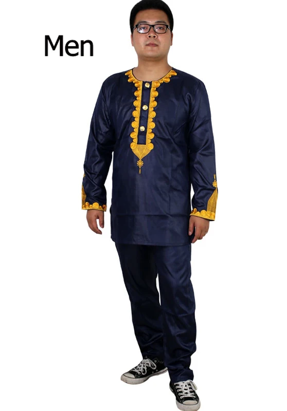 men dark blue Африканская детская одежда Базен Риш Дашики мужская одежда в африканском стиле Южная Африка рубашка брюки 2 шт костюмы комплект для родителей - Цвет: men dark blue
