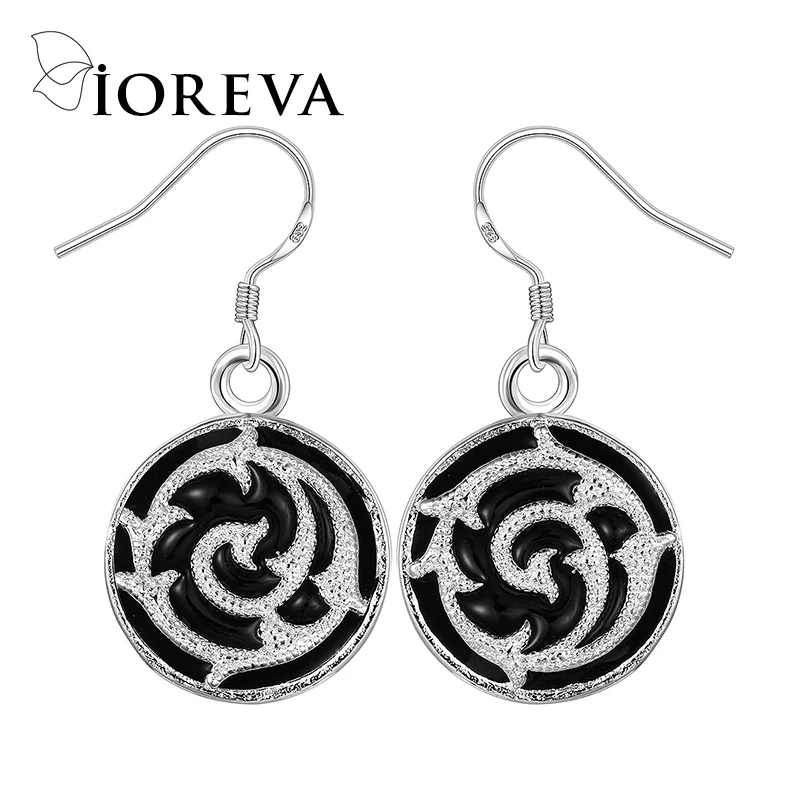 Винтаж цветочным узором серьги круглый эмалевый для женщин посеребренная черный