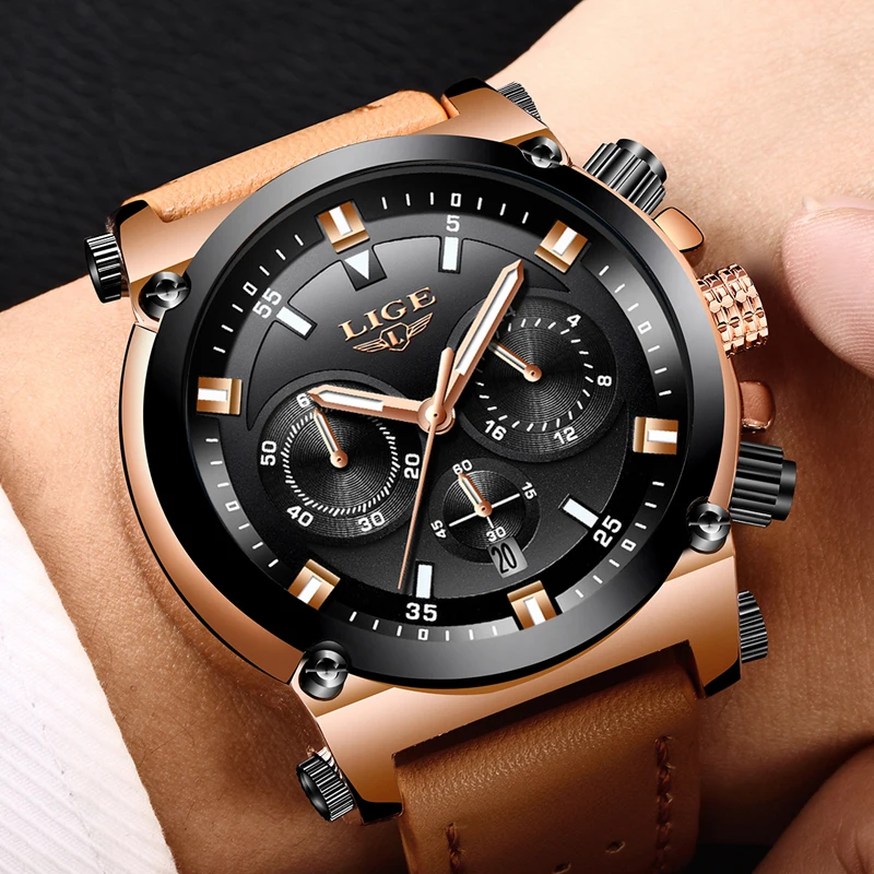 LIGE Fashion Mens Watches Top Brand Luxury Casual Sport Quartz Watch Men Leather Waterproof Military Wristwatch Relogio Masculio | Наручные
