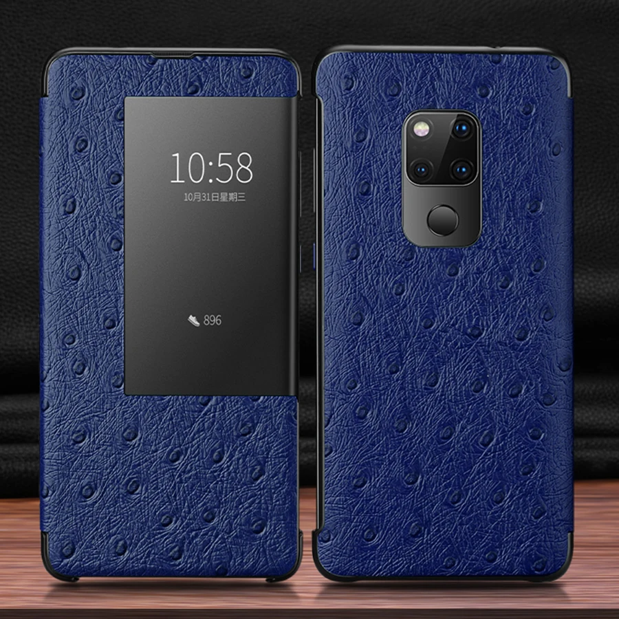Смарт-чехол P30pro с окошком для сенсорного экрана для huawei P30 mate 20 10 P20 Pro Роскошный чехол из натуральной кожи с узором страуса - Цвет: Blue