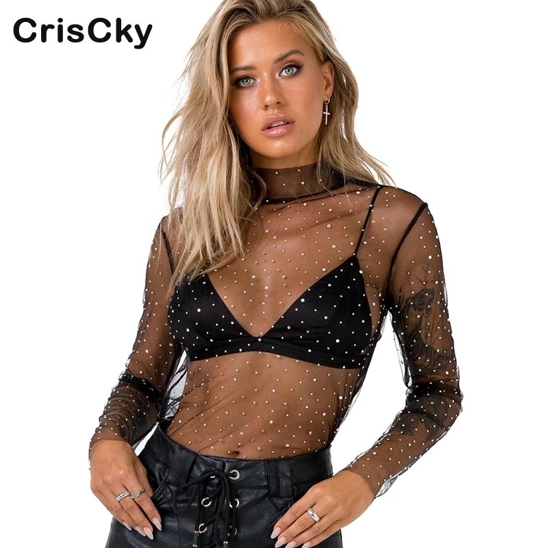 CRISCKY Летняя женская сексуальная сетка прозрачная футболка с длинным рукавом и