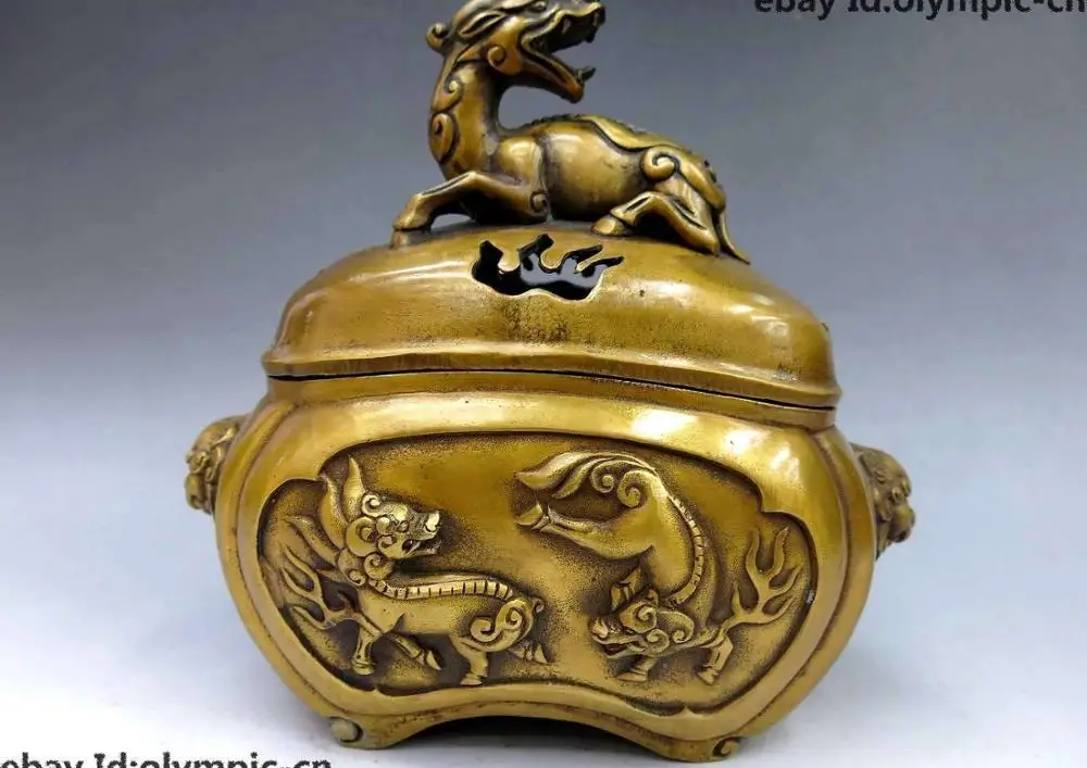 

8" China bronze gild buddhism Foo Dogs Lion Kylin censer incense burner Statue
