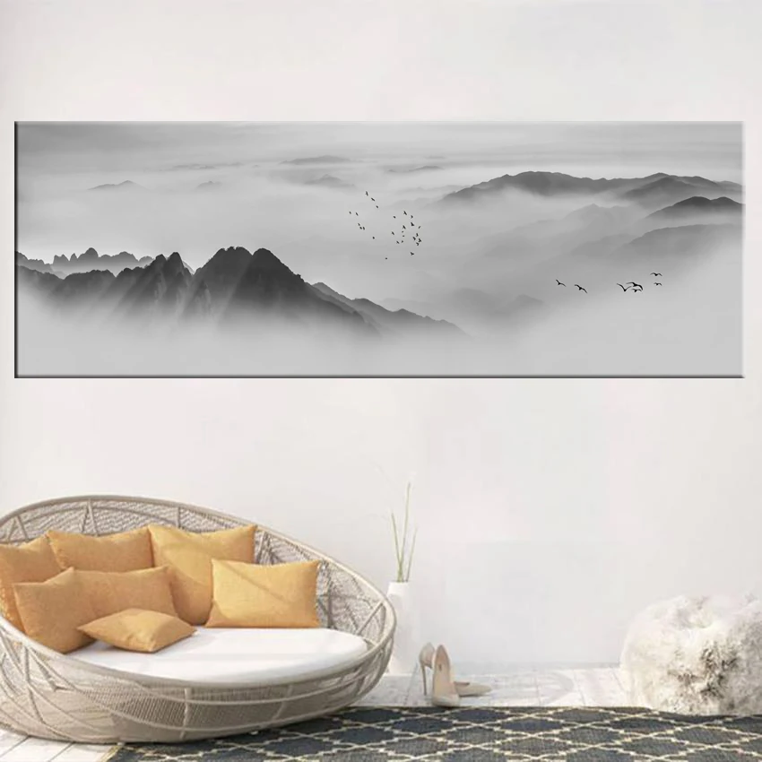 

Nordic Pictures Mountain Water Canvas Printed Paintings Black White Fog Landscape Poster Living Room Decoration Bedroom Wall Art