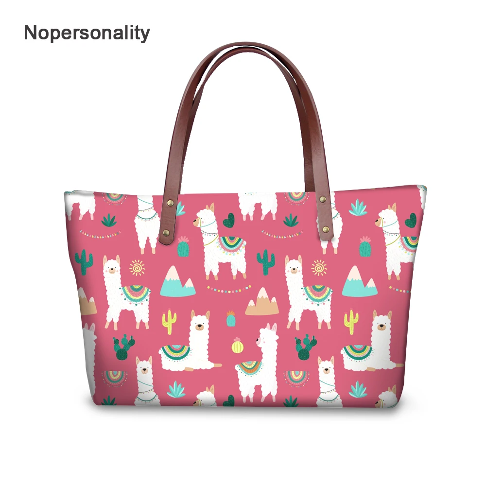 

Nopersonality Cute Cactus Alpaca Print Women Handbags Floral Style Neoprene Shoulder Bag Big Capacity Female Beach Tote Bags