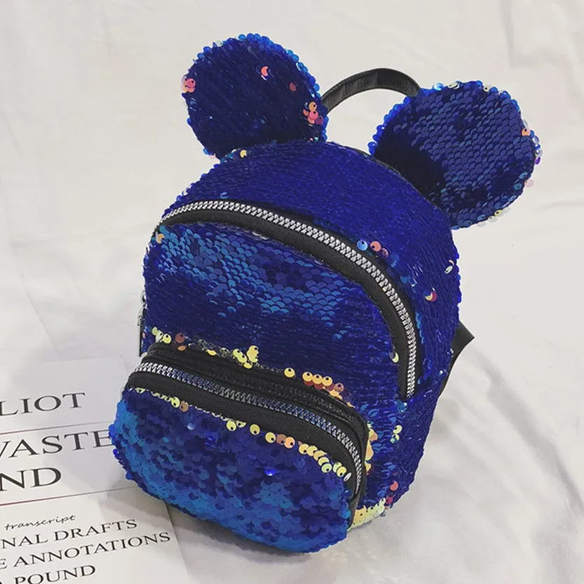 Blue Школьный рюкзак с рисунком для девочек с блестками, дорожная сумка на плечо, маленькие сумки, походные рюкзаки для девочек, милые сумки в форме ушей с мышкой - Цвет: Blue