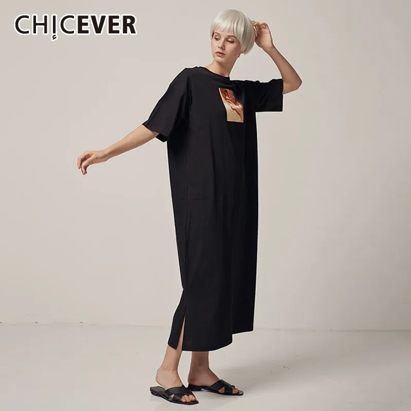 CHICEVER Summer Vintage Print Black Dress For Women O Neck Short Sleeve Loose Split Hem Straight Mid Calf The Dresses 2019 Tide | Женская