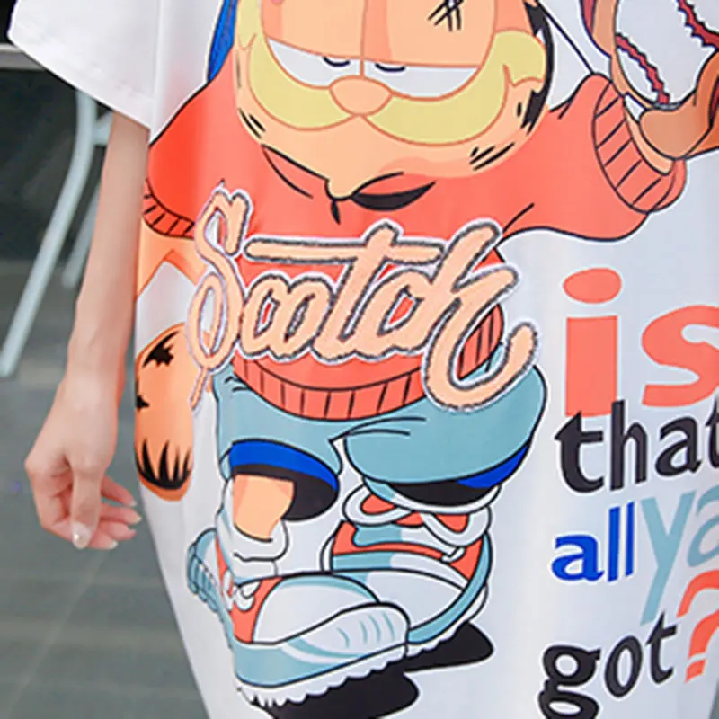 [HG] 2019 New Europe Casual Loose Cartoon Half Sleeve O-neck Fashion Women Pullover Dress Summer Above Knee ZQ1567 | Женская одежда