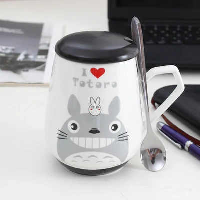 A OUSSIRRO Totoro, керамическая чашка, ложка с крышкой, милая мультяшная кружка для детей, Студенческая чашка, высокая емкость, Офисная чашка для молока - Цвет: A