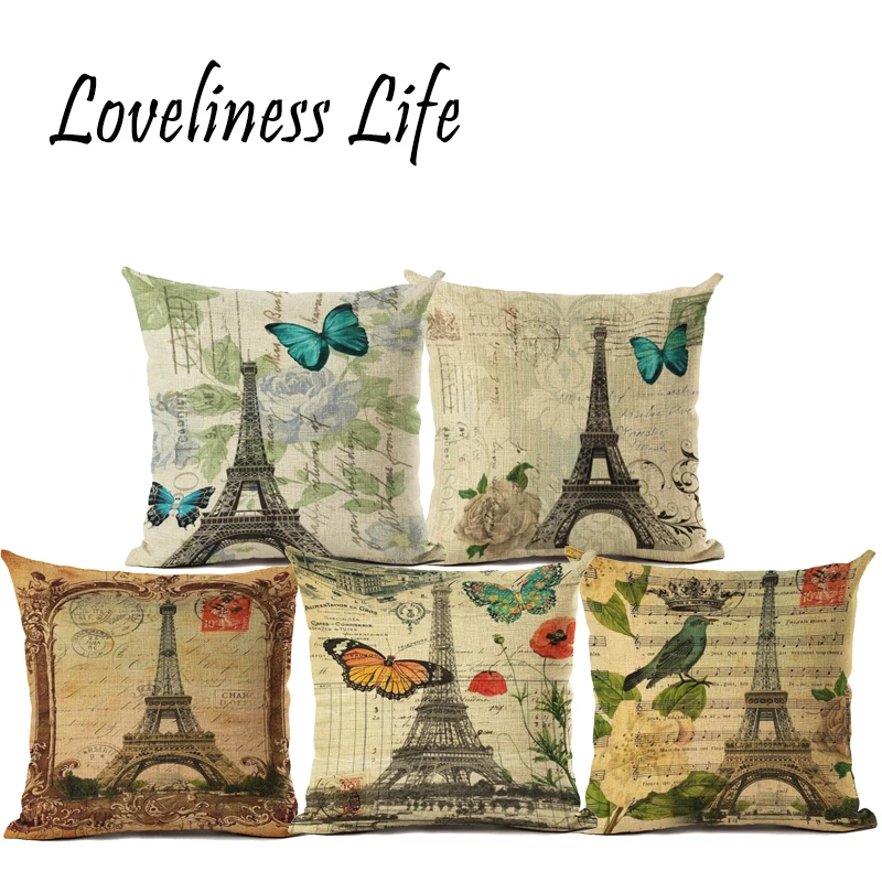 Fashion High Quality Cotton Linen Retro France Paris Eiffel Tower Car Decorative Throw Pillow Case Cushion Cover Sofa Home Decor | Дом и сад