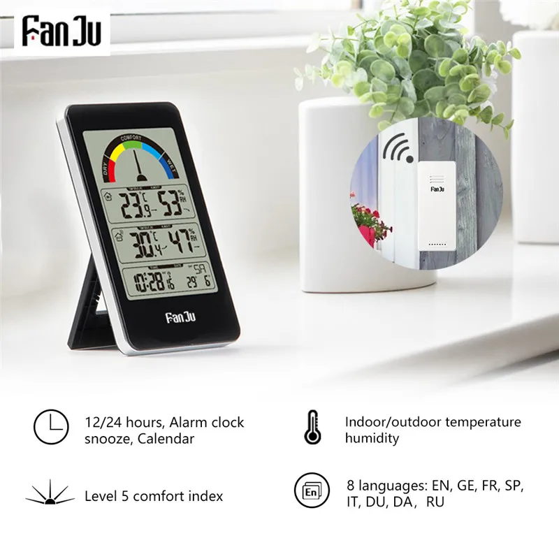 FanJu FJ3356 термометр метеостанции цифровой будильник настенные Крытый улица электронный гигрометр комфорт индикация