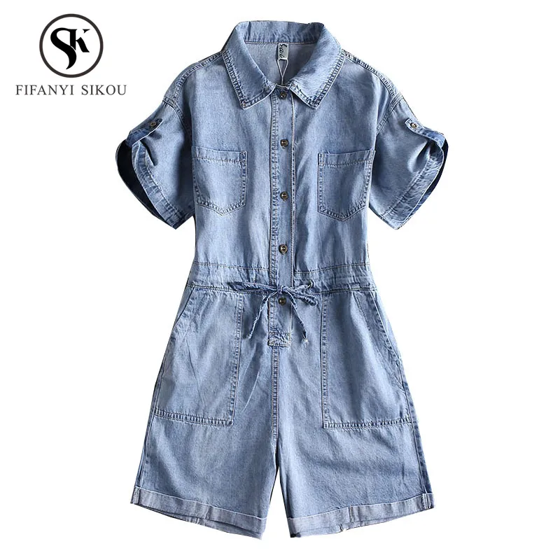 Летний модный джинсовый комбинезон шорты женский с карманами однобортный