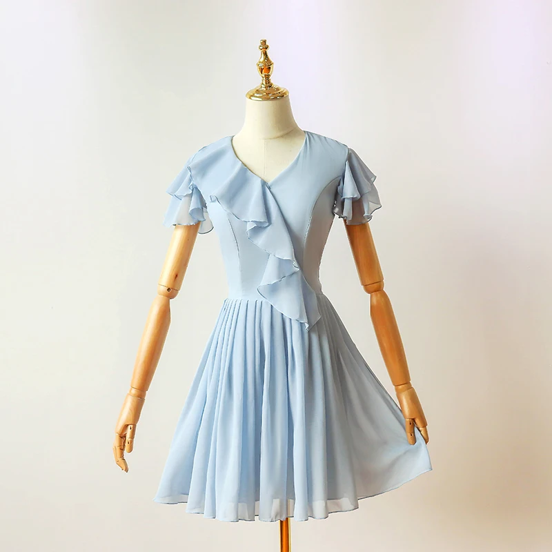 Real Shot Plus Size Fashion Blue Short Chiffon V-neck Bridesmaids Dresses dance Party Dress Women Wedding Guest 9049 | Свадьбы и