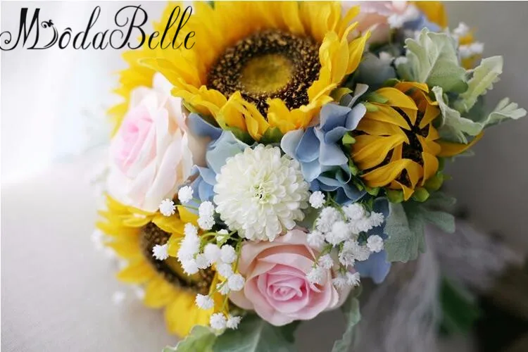 modabelle Sunflower Wedding Bouquet Yellow Pink Artificial Bridal Lace Brides Brooch Bouquets Accessoire Mariage | Свадьбы и